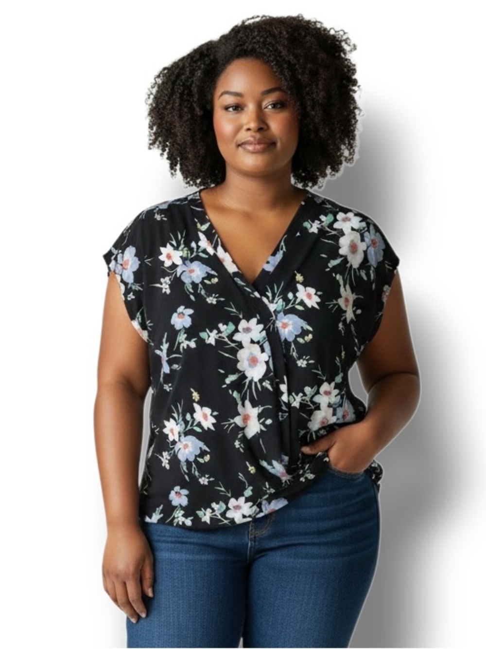 Lane Bryant Women’s Plus Cap Sleeve V Neck Blouse Classic Black Floral 18/20